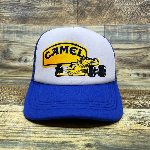 Camel Racing Mens Trucker Hat Blue Snapback Motorsport Drag Retro Baseball Cap - Picture 3 of 9